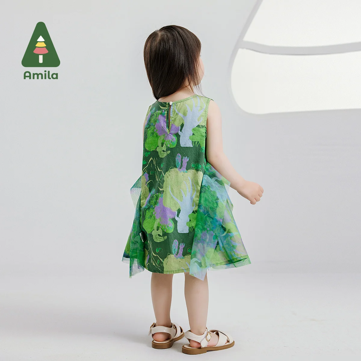 Amila 2024 Summer New Girls Skirt Mesh with Fairy Forest Green Cute Fun Comfortable Dream Dress 0-6Y