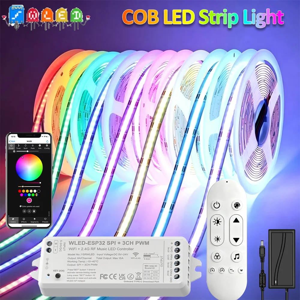 dc24v-カラフルrgb-cob-ledストリップ-調光可能-3000k-4000k-6000k-高密度フレキシブルライト-wled-esp32-wifi-led調光器-リモコン付き-ホーム用