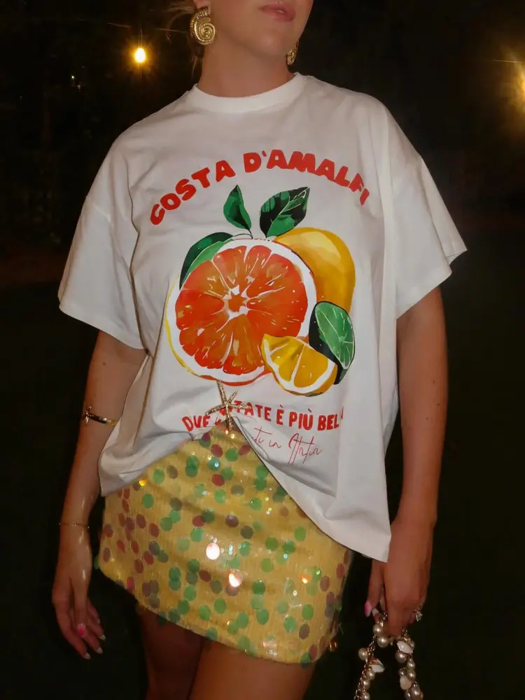 

Женская летняя хлопковая футболка JHYF в американском ретро-стиле с оранжевым фруктовым принтом, свободного кроя, повседневная, для улицы