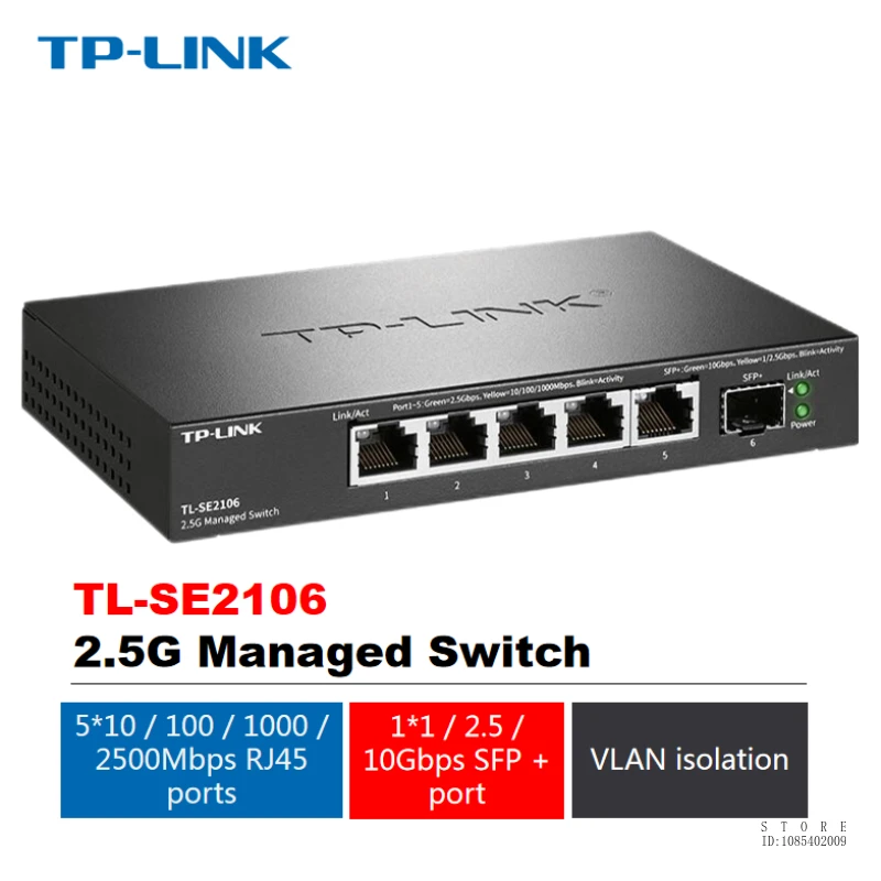 TP-LINK 2.5G Management Switch, 5 Ports 2.5G+1 Port SFP+, 5*10/100/1000/2500Mbps RJ45, 1*10Gbps SFP+, VLAN Division TL-SE2106