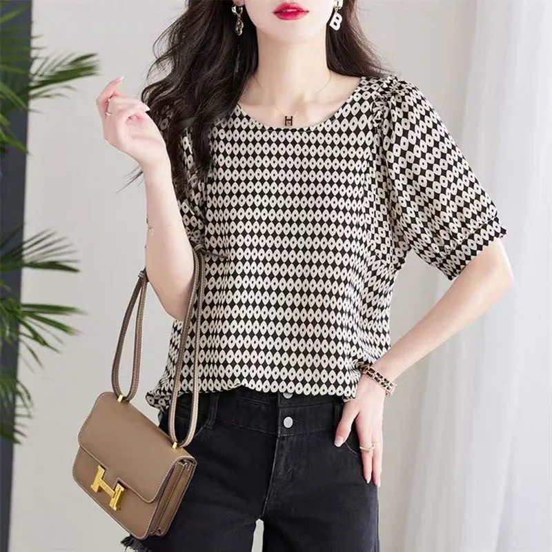 Fashion O-Neck Korean Printed Blouse Women\'s Clothing 2023 Spring New Loose Casual Pullovers All-match Office Lady Shirt