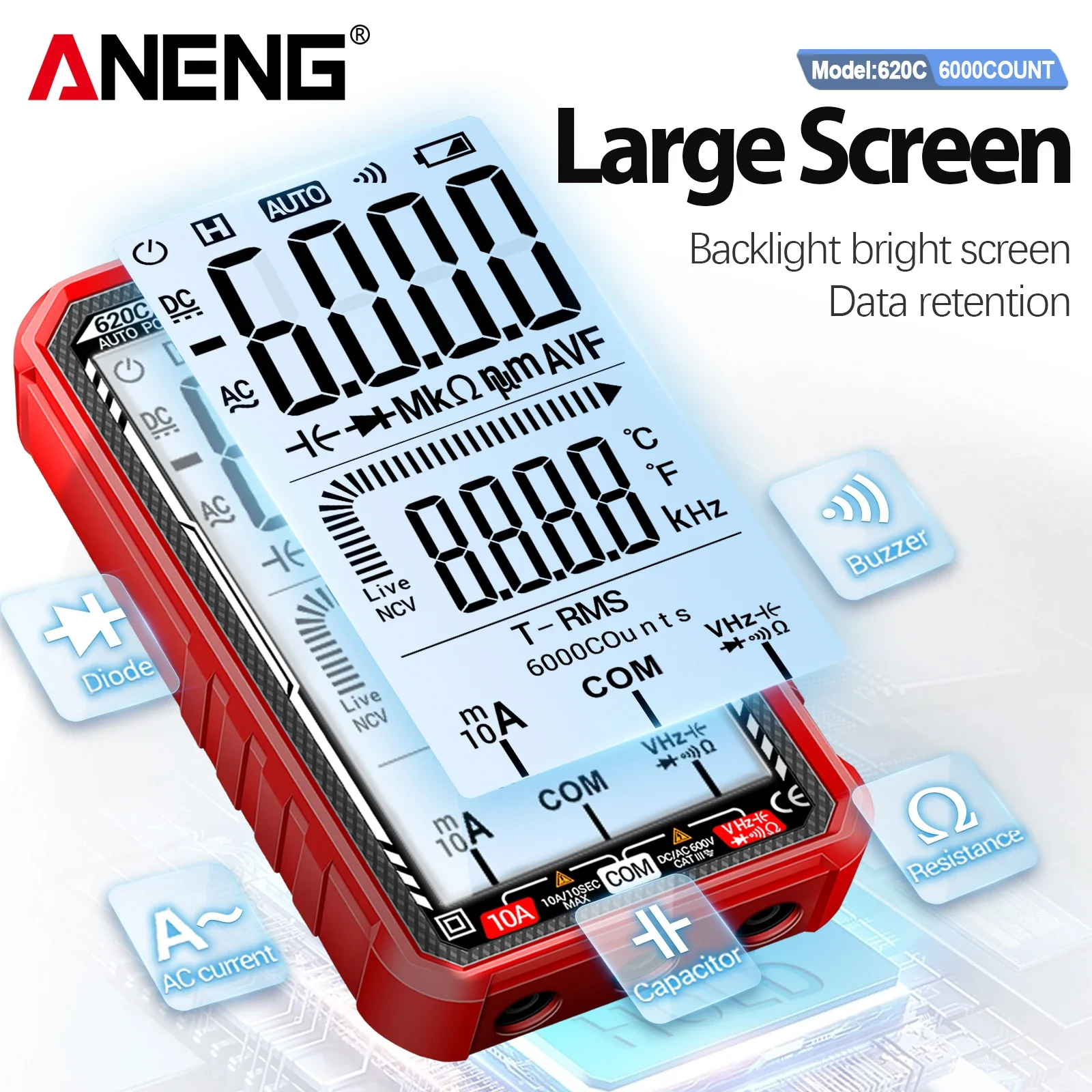 ANENG 620C Digital Multimeter 6000 Counts AC DC NCV Temperature Test Backlit Flashlight Rechargeable Electrician Repair Tool