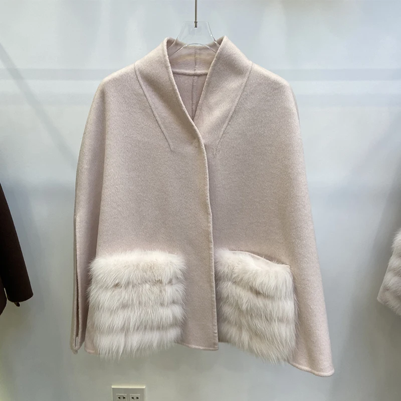 Women Autumn Oversize Woolen Cape Loose Real Fox Fur Decoration Pocket Woolen Cloak Coat