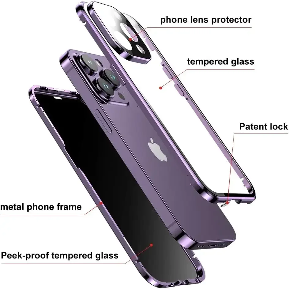 Metal Glass Magnetic Case For iPhone 15 14 13 12 Pro Max 16 Pro 360°Full Protection Prevent Peeping Double Sided Bumper Cover