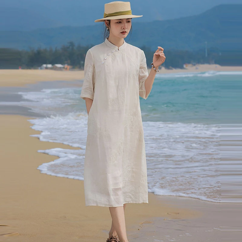 

High Quality Ramie Embroidery Women Casual Dress New Arrival 2026 Summer Chinese Style Ladies Elegant Cheongsam Dresses M2579