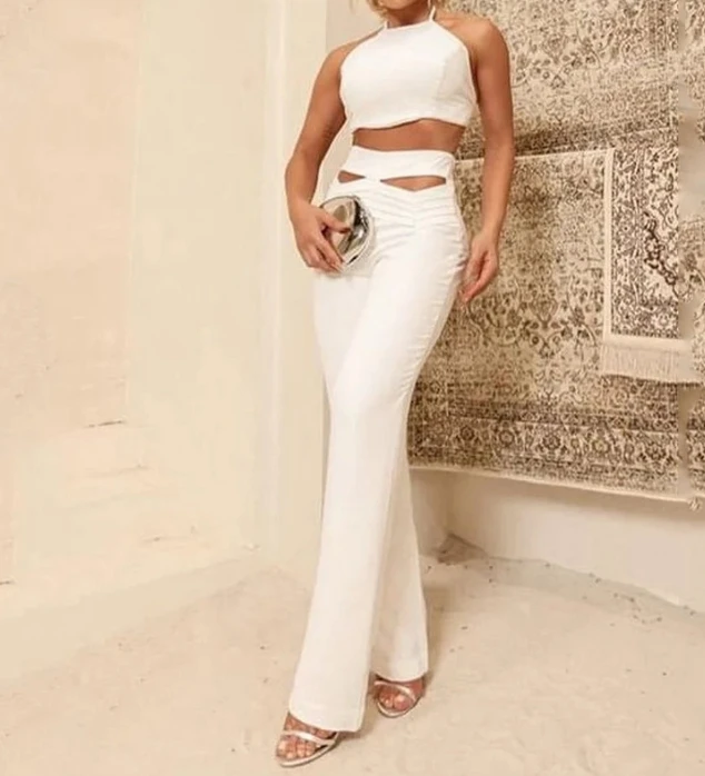 Long Pants Set for Spring/summer 2024 Women Irregular Suspender Short Top+Special Design Hollow Out Wide Leg Pants Two-Piece Set