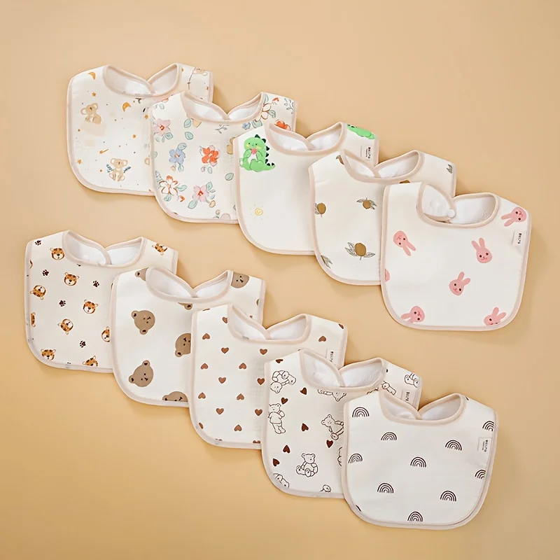 Soft Cotton Gauze Bibs for Infants, U-Shaped Drool Bibs for Newborn Boys and Girls, Adjustable Snap Closure, Waterproof, U-Shaped Design, Cute Printed Patterns, Suitable for Baby and Toddler Feeding, Neutral Color Anti-Drool Bibs, Won'T Stain Clothes