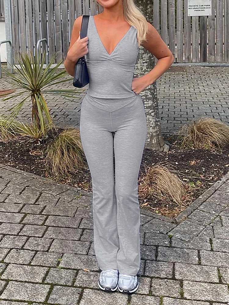 Sweetown Gray Slim Sleeveless V Neck Vest And V Shape Waist Flared Leggings 2 Pieses Pants Sets Womens Summer Baddie Outfits