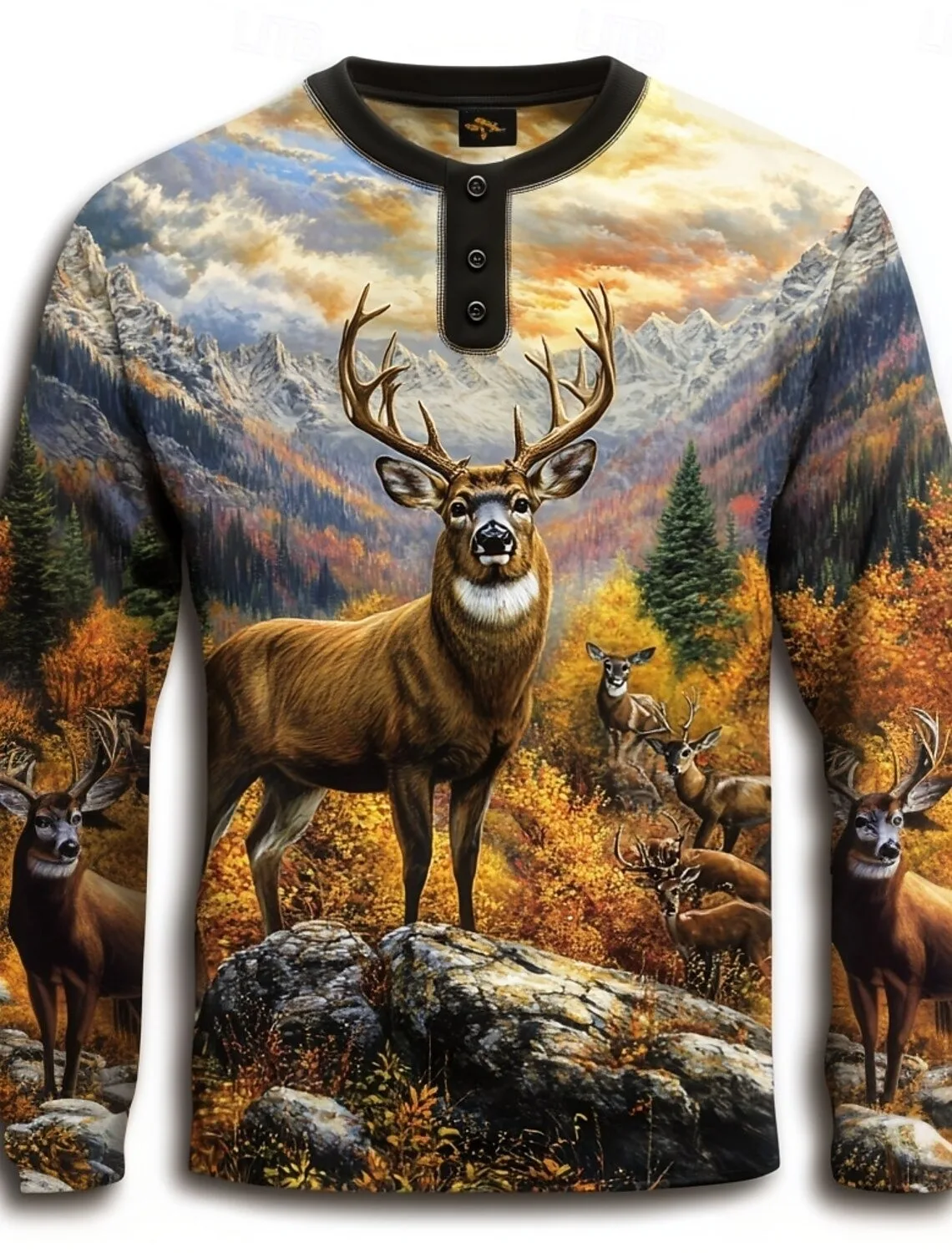 Men's Animal Deer Henley Shirt Long Sleeve Fashion Cute Daily Casual Holiday Going out Fall Spring Fall Black Henley T-Shirt top