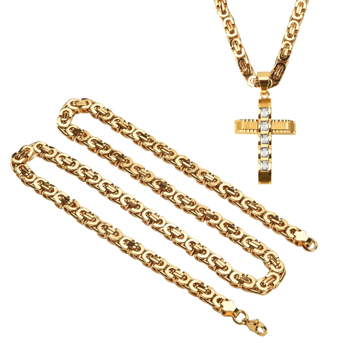 Mens Stainless Steel Gold Cross Zircon Pendant Necklace Flat Chain Tone 6mm 22inch