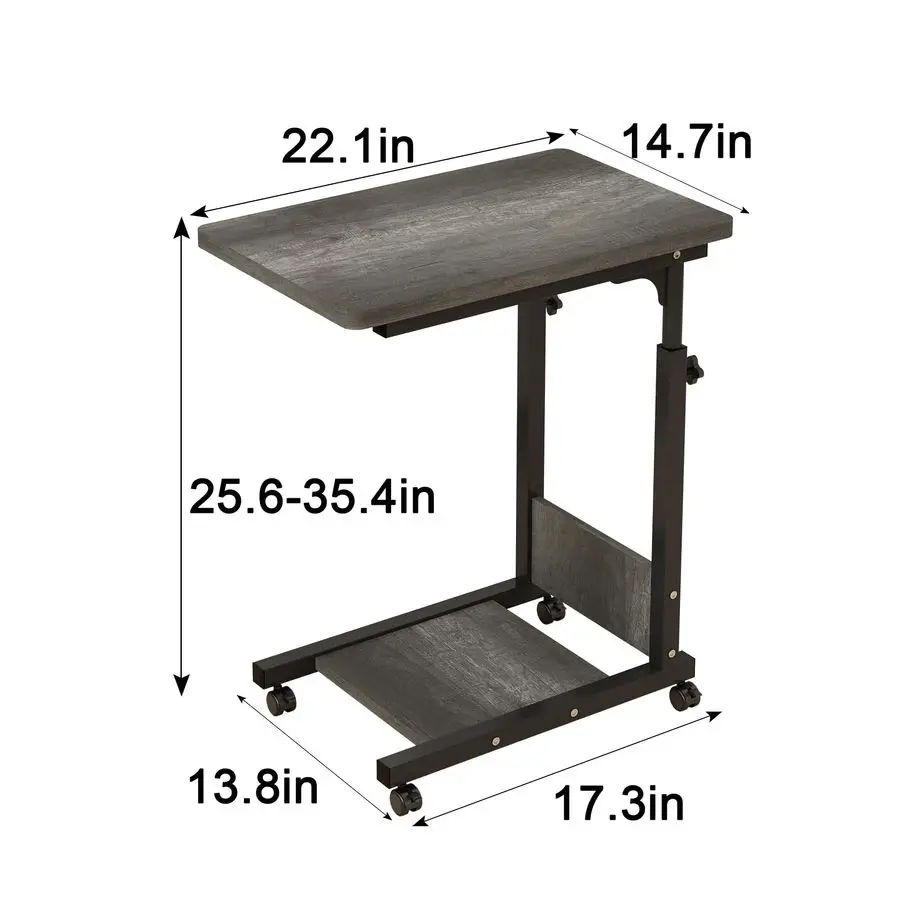Adjustable Height C Table Sofa Side Bedside Table with Wheels, Hospital Bed Table Rolling Tray with Storage, Mobile Computer De