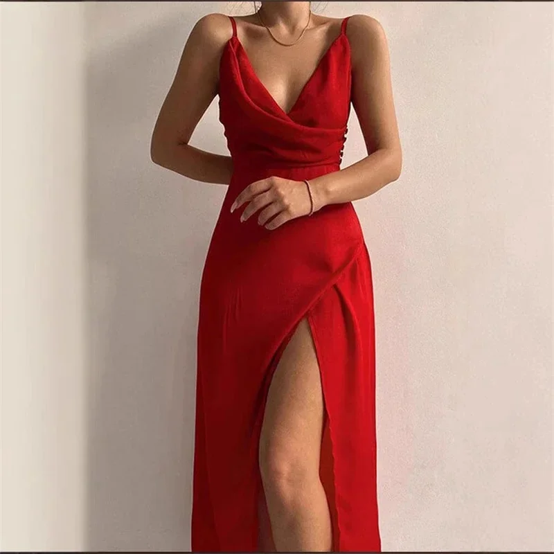 الرسن العميق الخامس الرقبة مثير فستان ماكسي المرأة ثوب موضة بلا أكمام عارية الذراعين الفخذ العليا سبليت Bodycon نادي فستان طويل