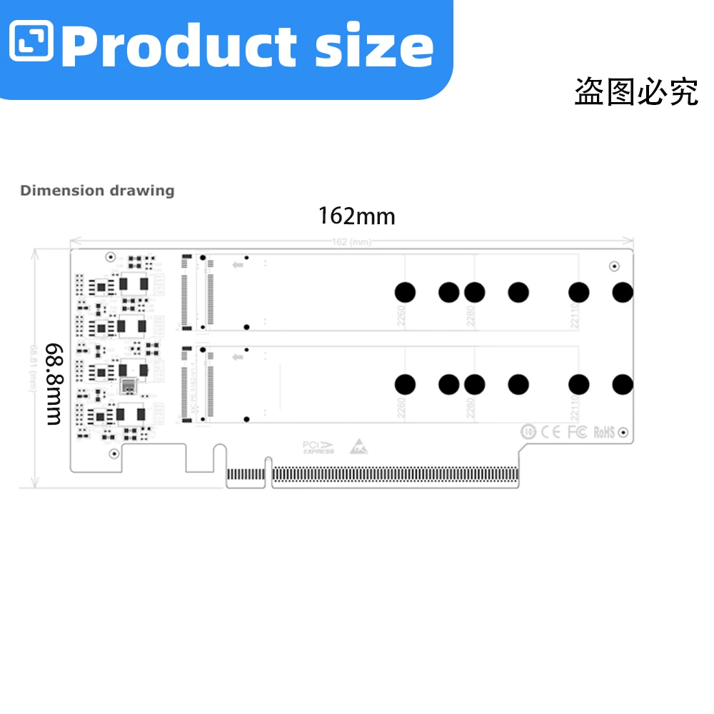 ADT-Link PCIe 5.0 X16 To 4 Port Quad 4X M.2 NVMe SSD Adapter Card Support 22110 / 4* M.2 M-key Connector for PCIe Gen5 Gen4 Gen3