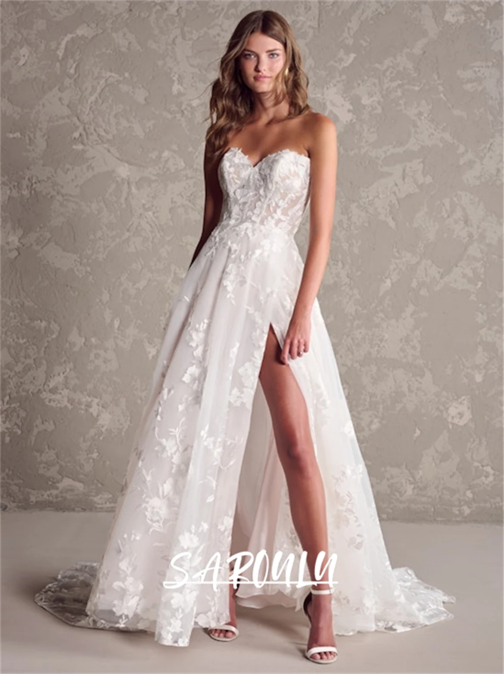 

Floral Lace Fairytale A-Line Bridal Dress With A Thigh-High Slit And Illusion Corset, Strapless Sweetheart Neckline Bridal Gown