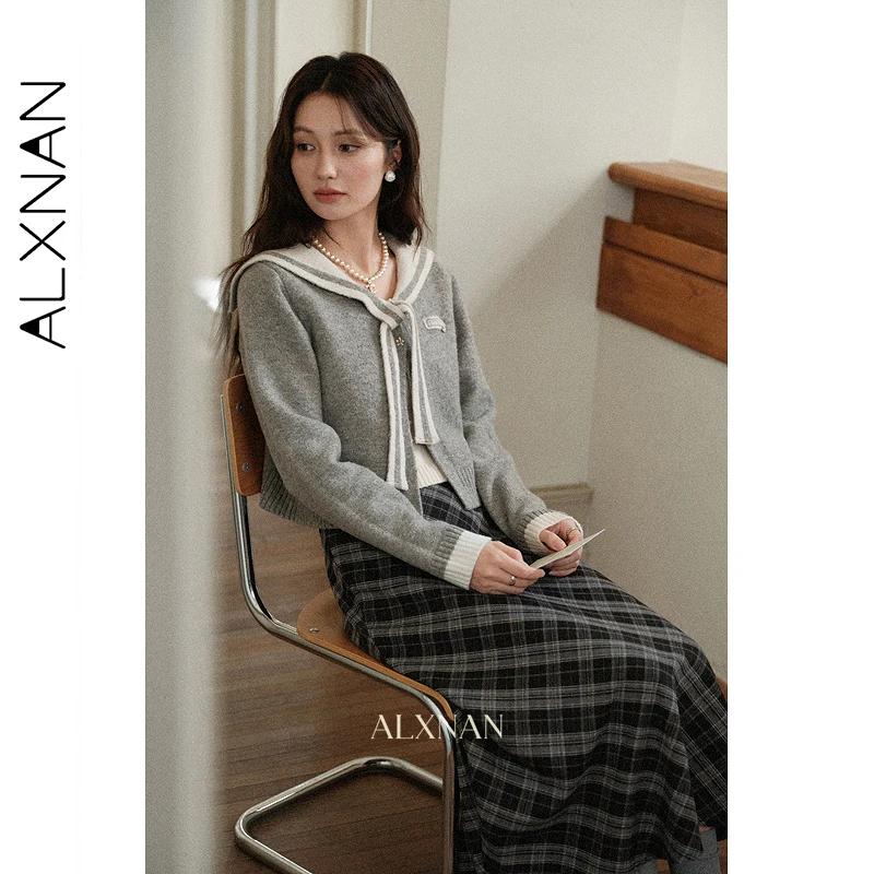 ALXNAN Czarno-szara spódnica w kratę damska Vintage długa elegancka spódnica w kształcie litery A Jesień 2025 Nowa kolekcja biurowa codzienna odzież damska L57551