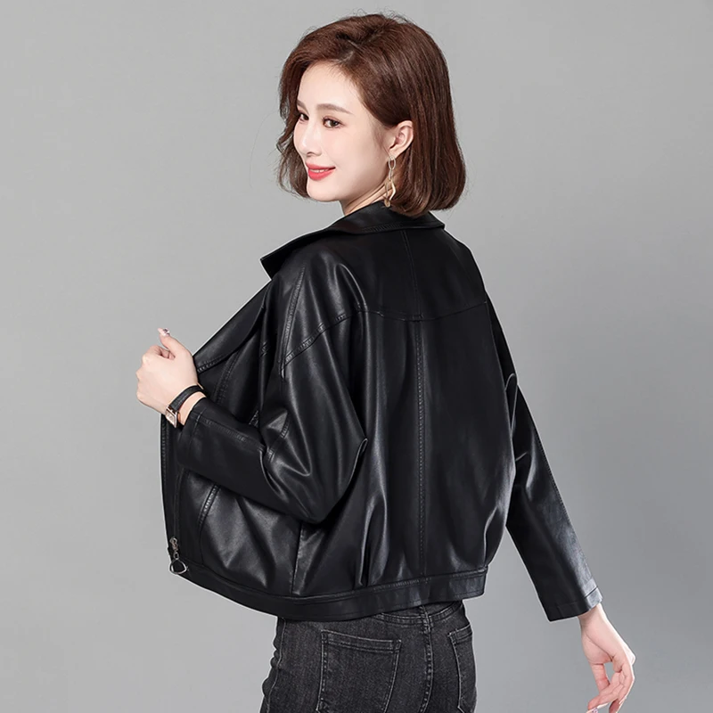 Motorcycle Leather Coat Women Slim Fashion Zipper Jackets Turn-Down Collar Short Clothing Office Lady SWREDMI