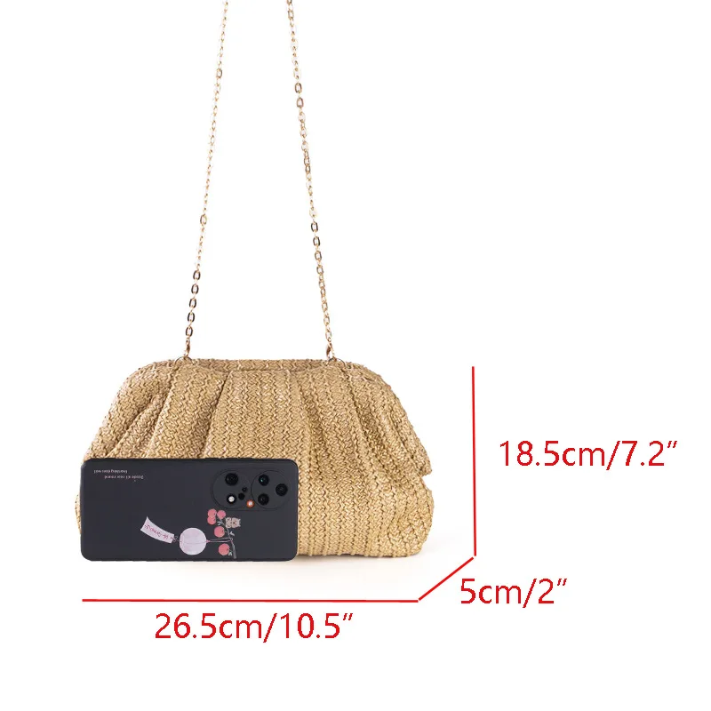 casual shell straw clutch bag for women chains shoulder crossbody bags summer beach bag small phone purses for party 2024