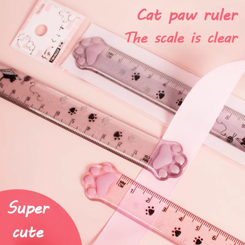 

Cute and girlish cat paw ruler, 15cm transparent plastic drawing measuring ruler, student cartoon stationery