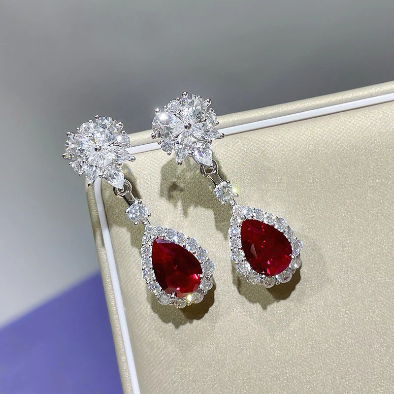 Huitan Bright Red CZ Dangle Earrings for Women Aesthetic Flower Design Bridal Wedding Earrings Anniversary Gift Trendy Jewelry