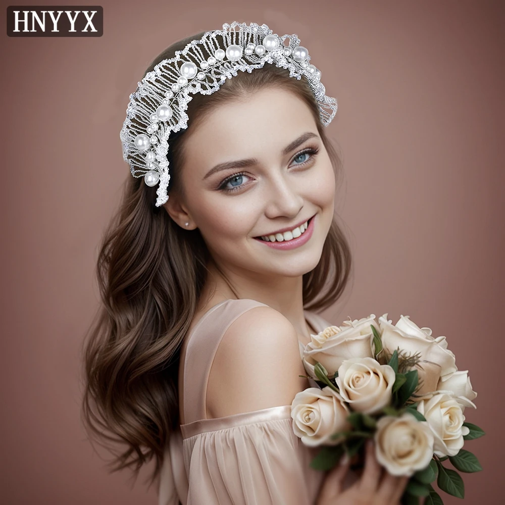 

HNYYX Headband For Women Crystal Beaded Hair Hoop Pearl Hair Accessories For Bride Vintage Wide Hair Piece Party Hair Tiara A107