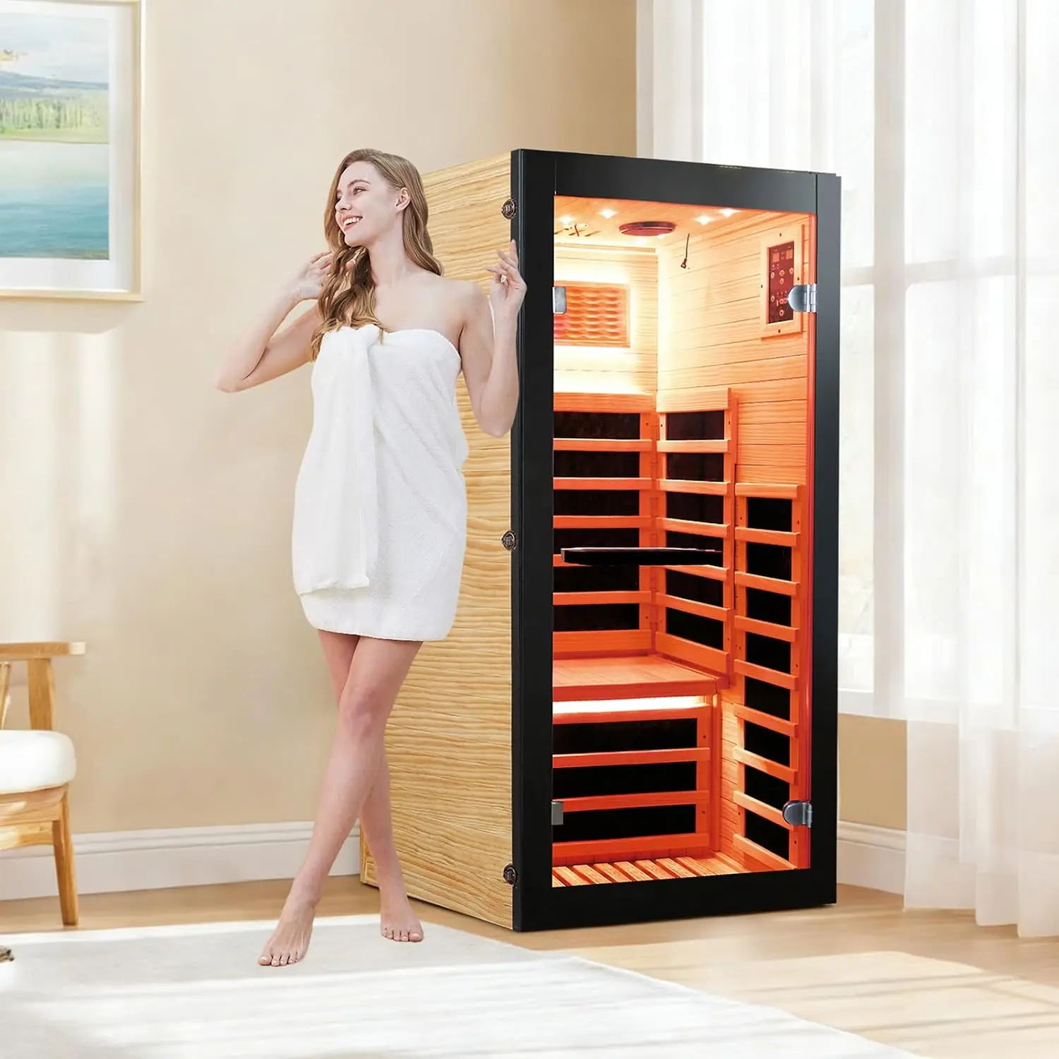 Far Infrared Sauna Room Single Person Chilean Pine Wood 1050W, Custom