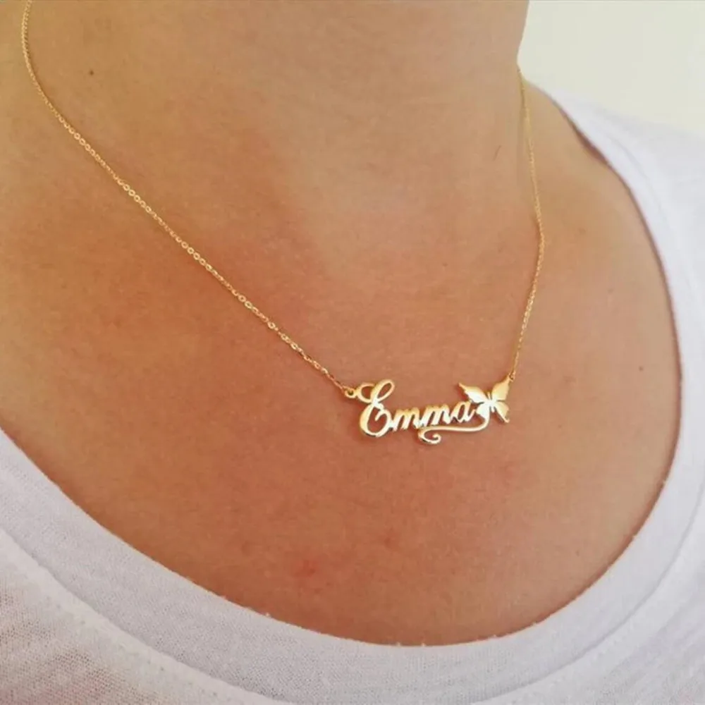 Custom Butterfly Ribbon Name Necklaces Pendant Fashion Stainless Steel Chains Nameplate Necklace For Girls Personalizado Gift