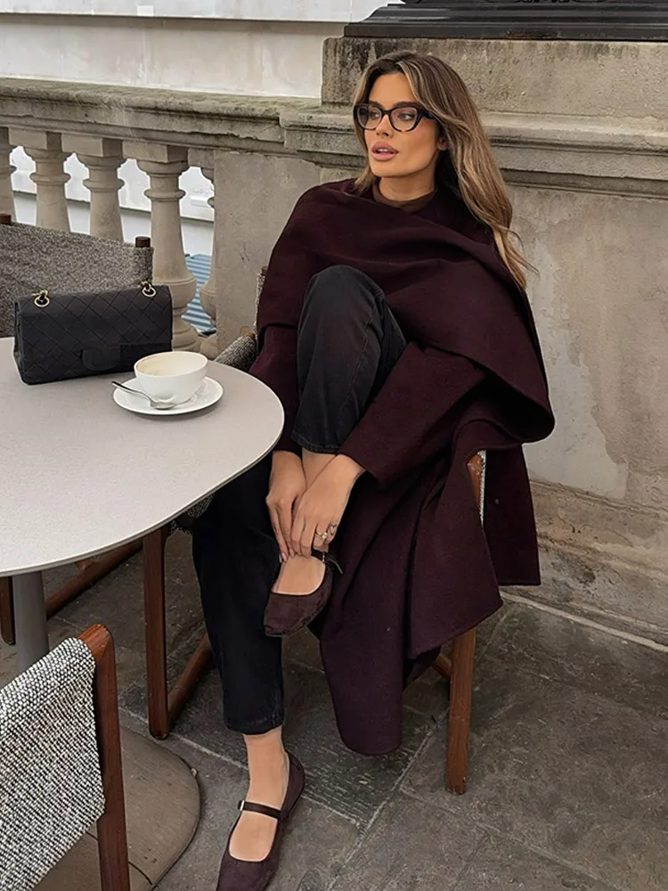 Elegant Burgundy Long Sleeve Scarf Woolen Overcoat Causal Loose With Belt Long Coats 2024 New Lady High Street Outwear