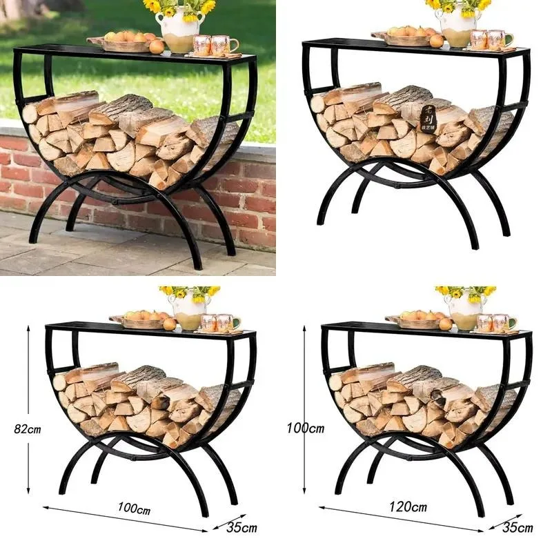 European Wrought Iron Floor to Ceiling Firewood Rack Multifunctional Outdoor Wood Storage Shelf Entrance Table