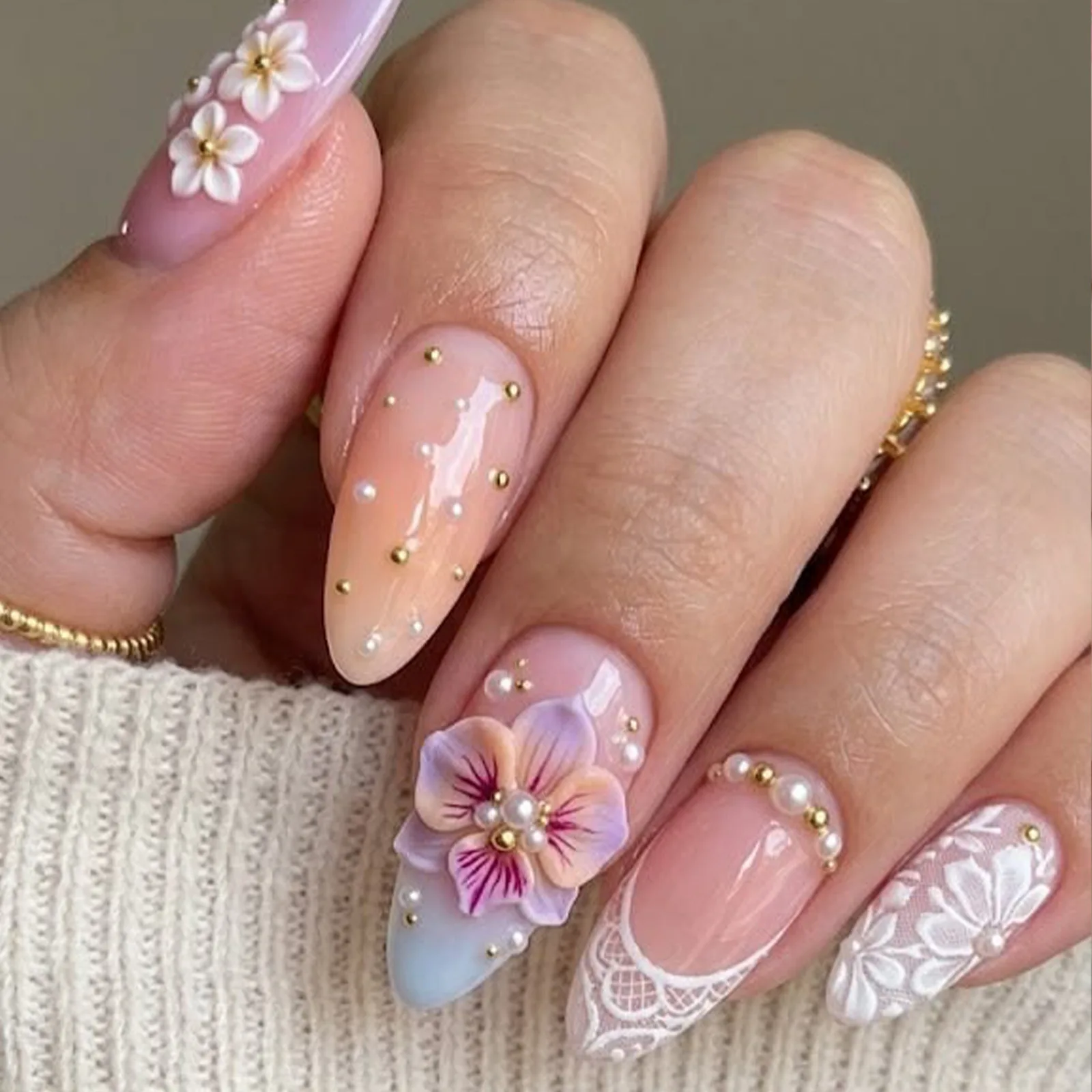 24Pcs Press on Nails Pink Gradient Sets Tips Almond Flower Stick on False Nail with Pearl Decor Reusable Fake Nail Round Head