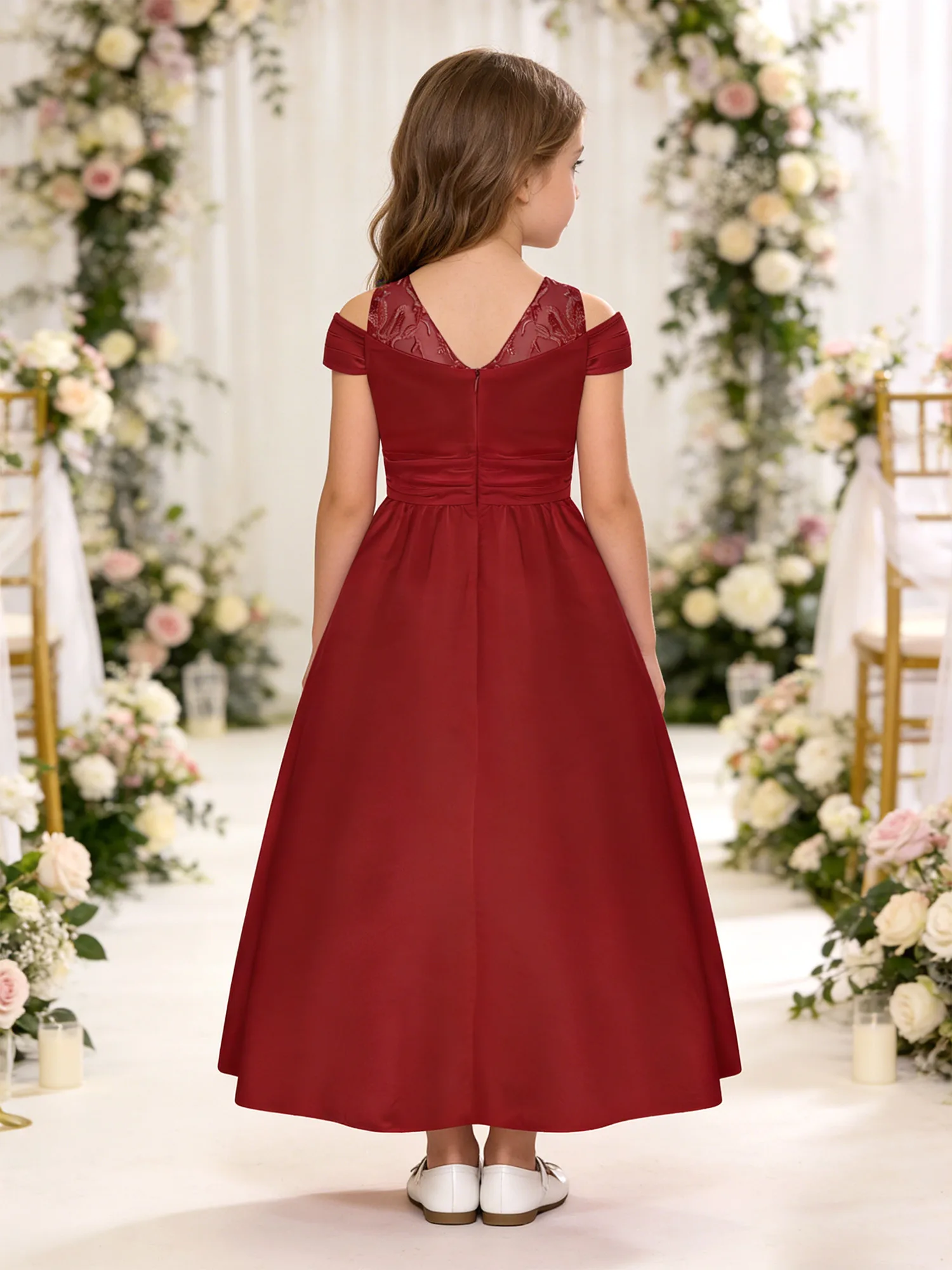 Kids Flower Girls Wedding Bridesmaid Gown Cold Shoulder Embroidered Lace A-line Long Dress for Birthday Party Banquet Pageant