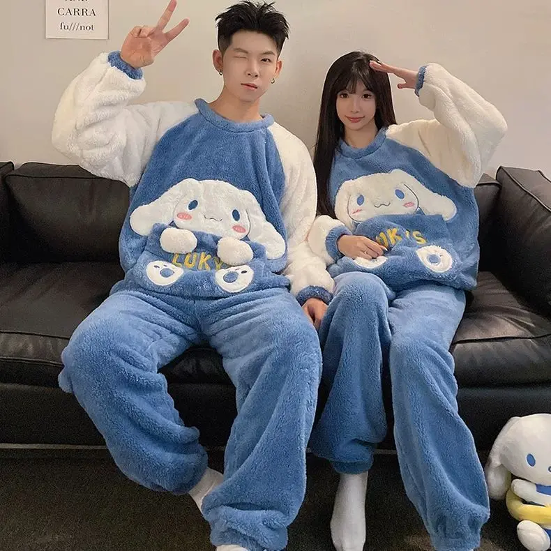 Cartoon Sanrios Cinnamoroll Pajamas Women Men Thickened Coral Velvet Anime Kuromi Autumn Winter Couple Warm Soft Home Clothes