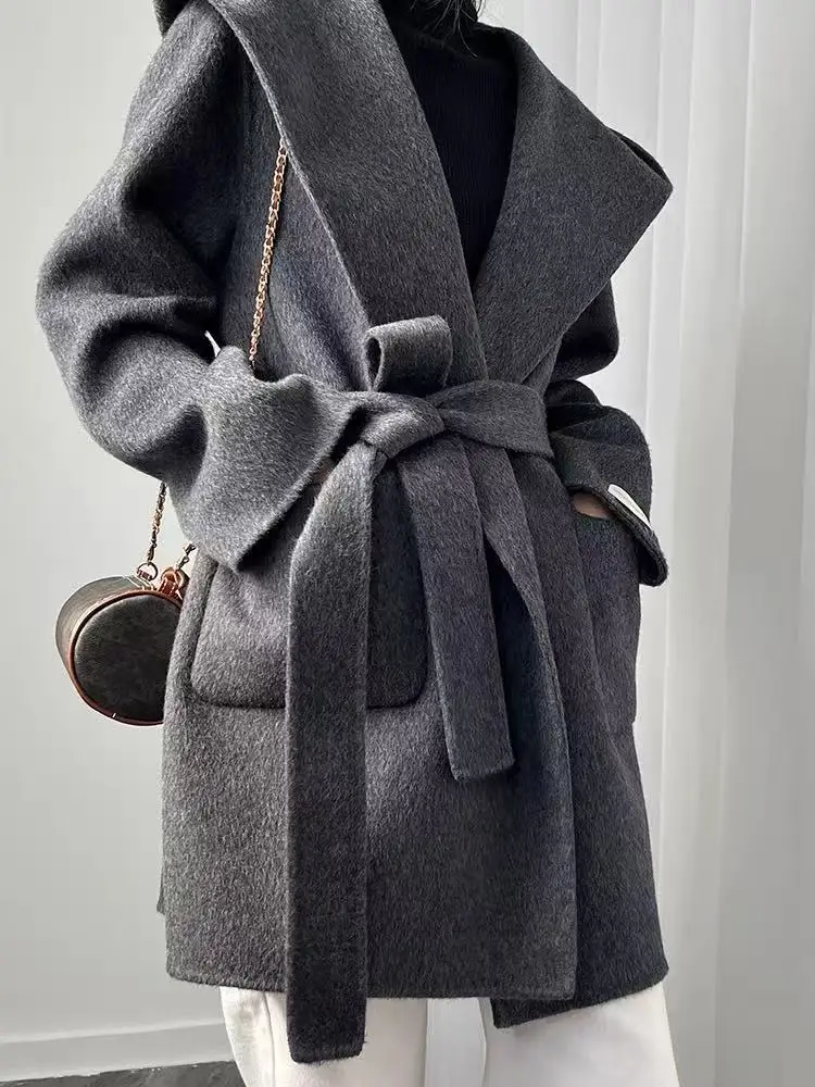 

Casual Bathrobe Style Overcoat Temperament Hooded Commuter Double-sided Wool Coat Women Fashion Warm Belt Loose Jacket Winter