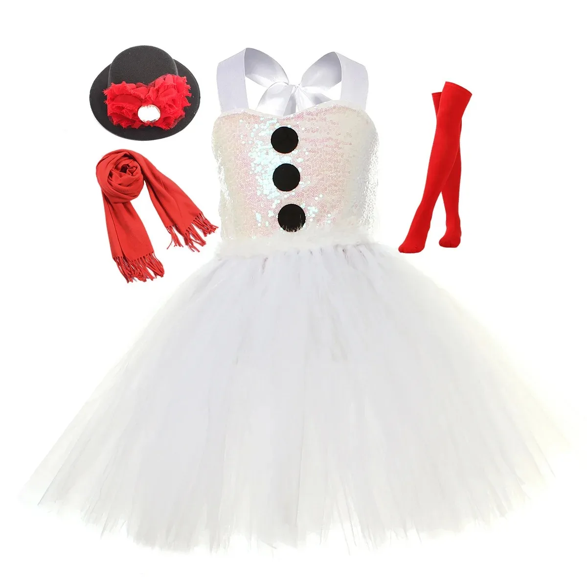 Girls Snowman Costume with Scarf and Hat Headband White Tutu Dress Christmas Dress Up Clothes Gifts