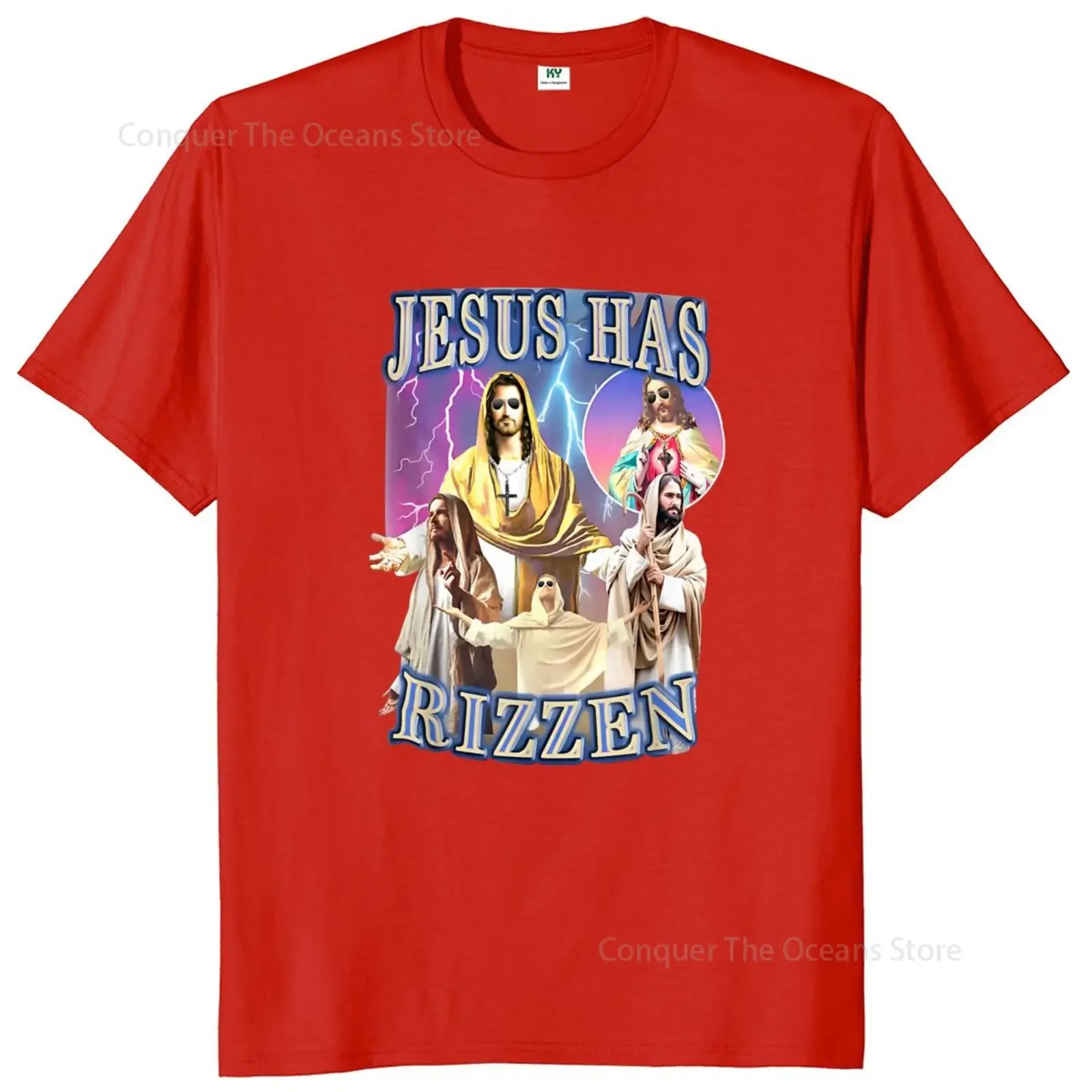 Jesus Has Rizzen Printed Men\'s T-shirt Retro Christian Religious Harajuku Streetwear Cotton O-neck Oversize Vintage Streetwear 