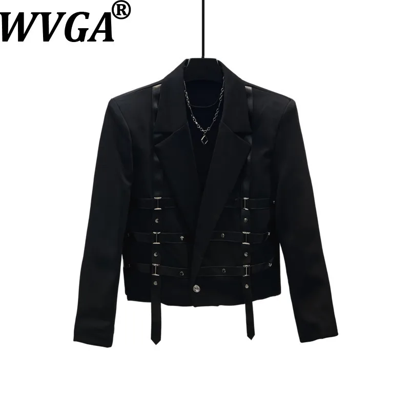 WVGA 2026 Spring Autumn New Men Stylish Short Leather Buckle Blazer Niche Chic Casual Shoulder Pads Long Sleeve Coats Ins W27511