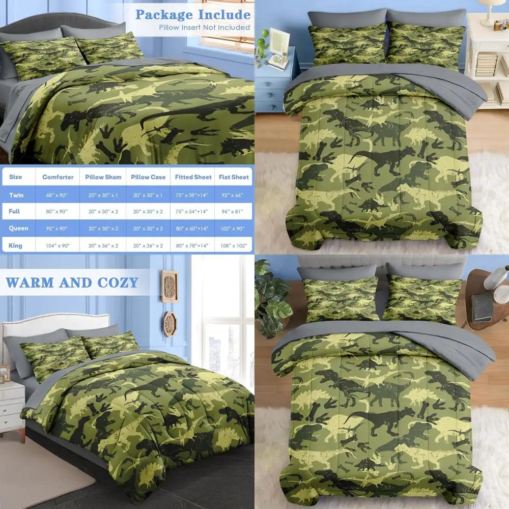 

Full Size Camo Dino 7-Piece Bedding Set: Fun Green Dinosaur Sheets with Fitted Sheet, 2 Pillowcases & 2 Shams for Kids & Adults