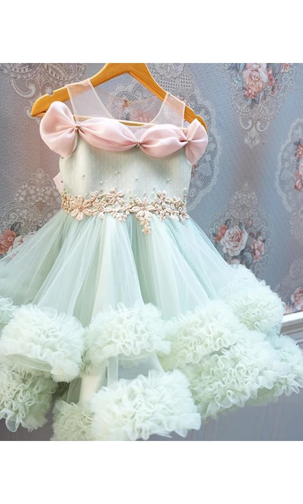 Flower Girl Dresses For Wedding Light Green Pleated Puffy Sleeveless with Bow Kids First Communion Birthday Party Ball Gowns