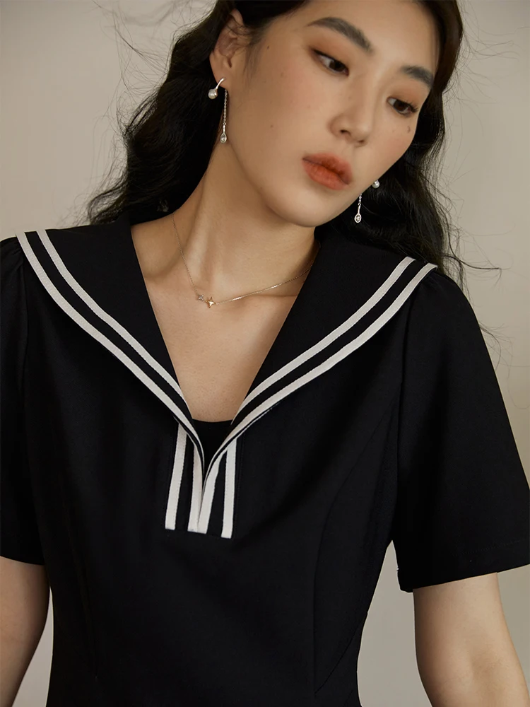 DUSHU Commuting Retro Navy Collar Preppy Dress for Female Summer Slimming Simple High Waist A-Line Little Black Dress for Women