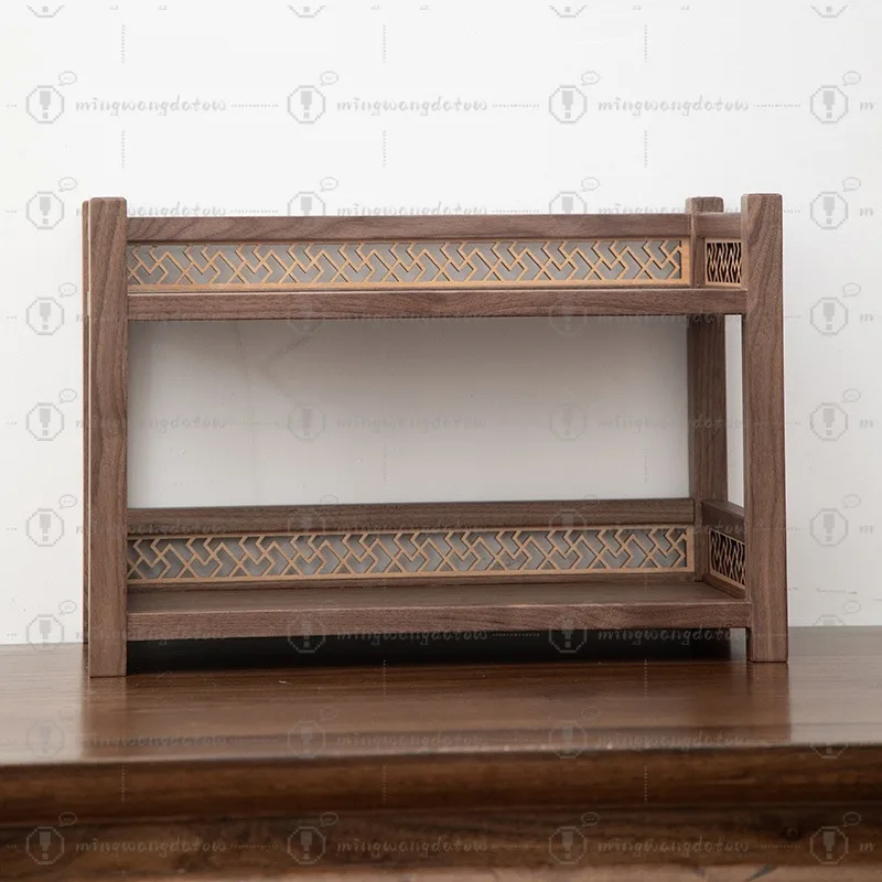 Mini Black Walnut Solid Wood Multi-grid Shelf, Double-layer Desktop Display Stand for Teaware and Decorations