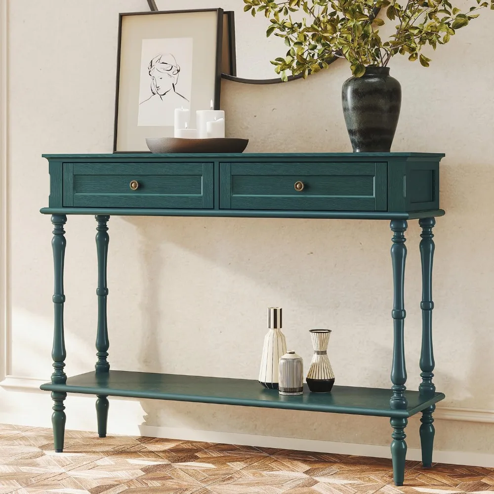 

Retro Green Entryway Console Table with Storage Drawers and Open Shelf for Minimal Assembly