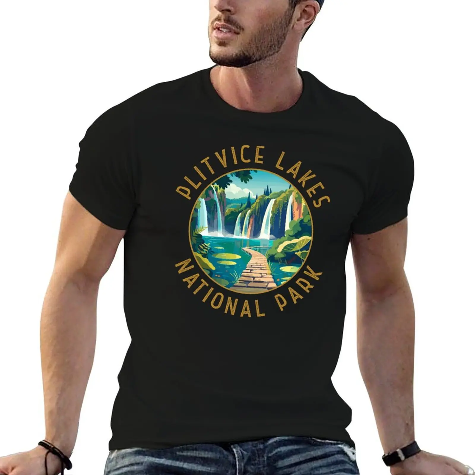 

Plitvice Lakes National Park Croatia Retro Distressed Circle T-Shirt man t shirt heavy cotton anime t shirts oversize T-Shirt