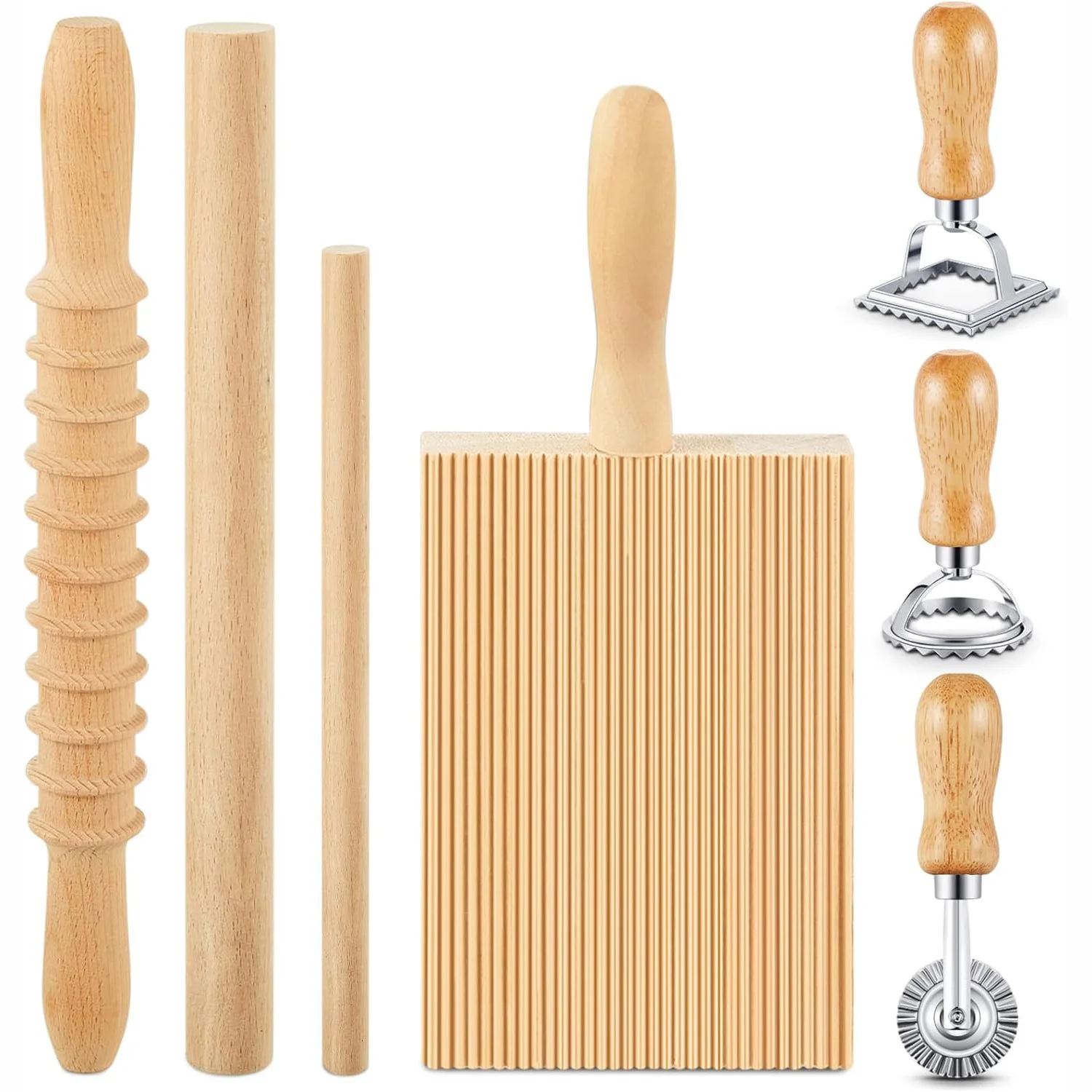 Dumpling pasta making tool set includes wooden pasta cutter dough scraper