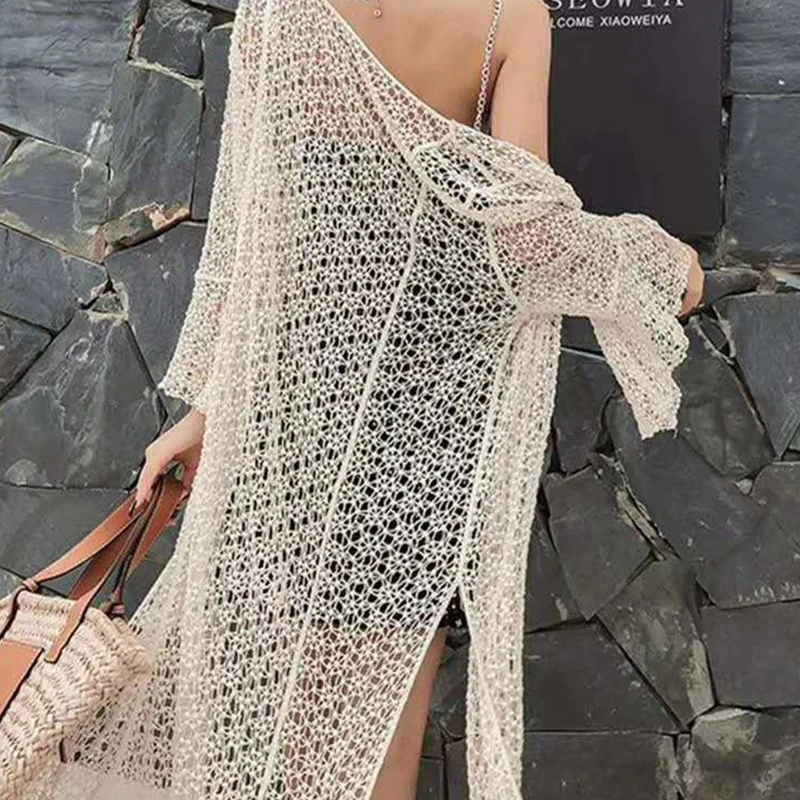 Women Summer Flare Sleeve Long Kimono Cardigan Boho Hollow Out Crochet Sheer Lace Swimsuit Cover Up Side Split Open Front Beach