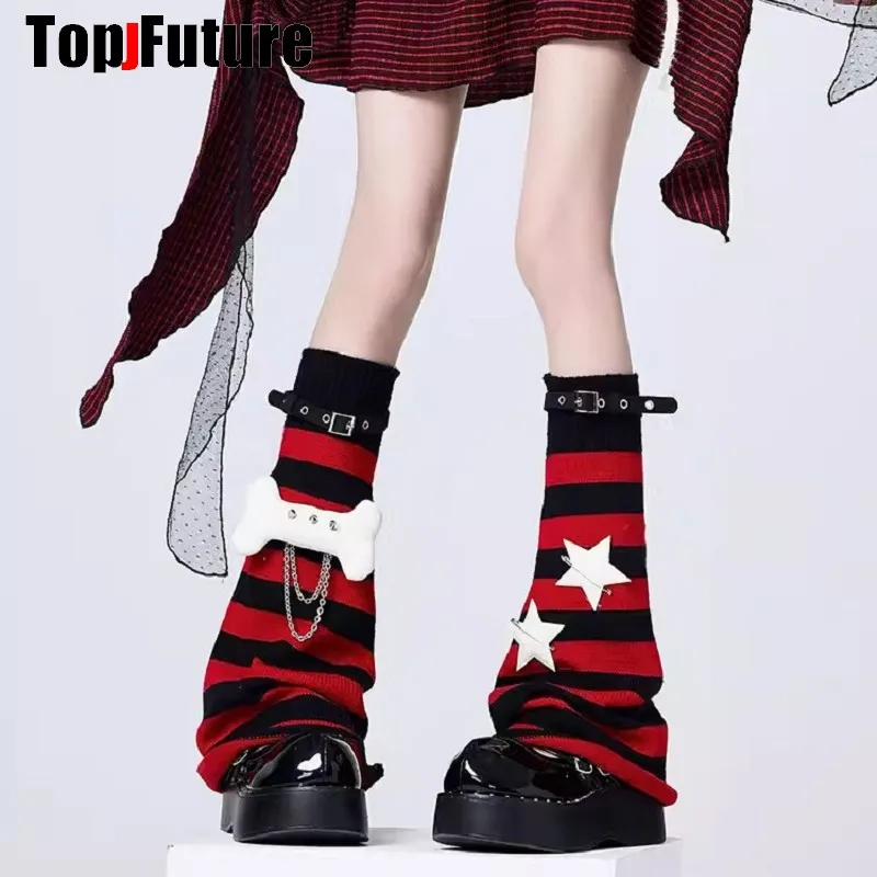 Women Rock Harajuku Steampunk Furry Leg Warmer Y2K Girl Gothic Rivet Metal Spike Faux Fur Boot Covers Streetwear Leg Warmers