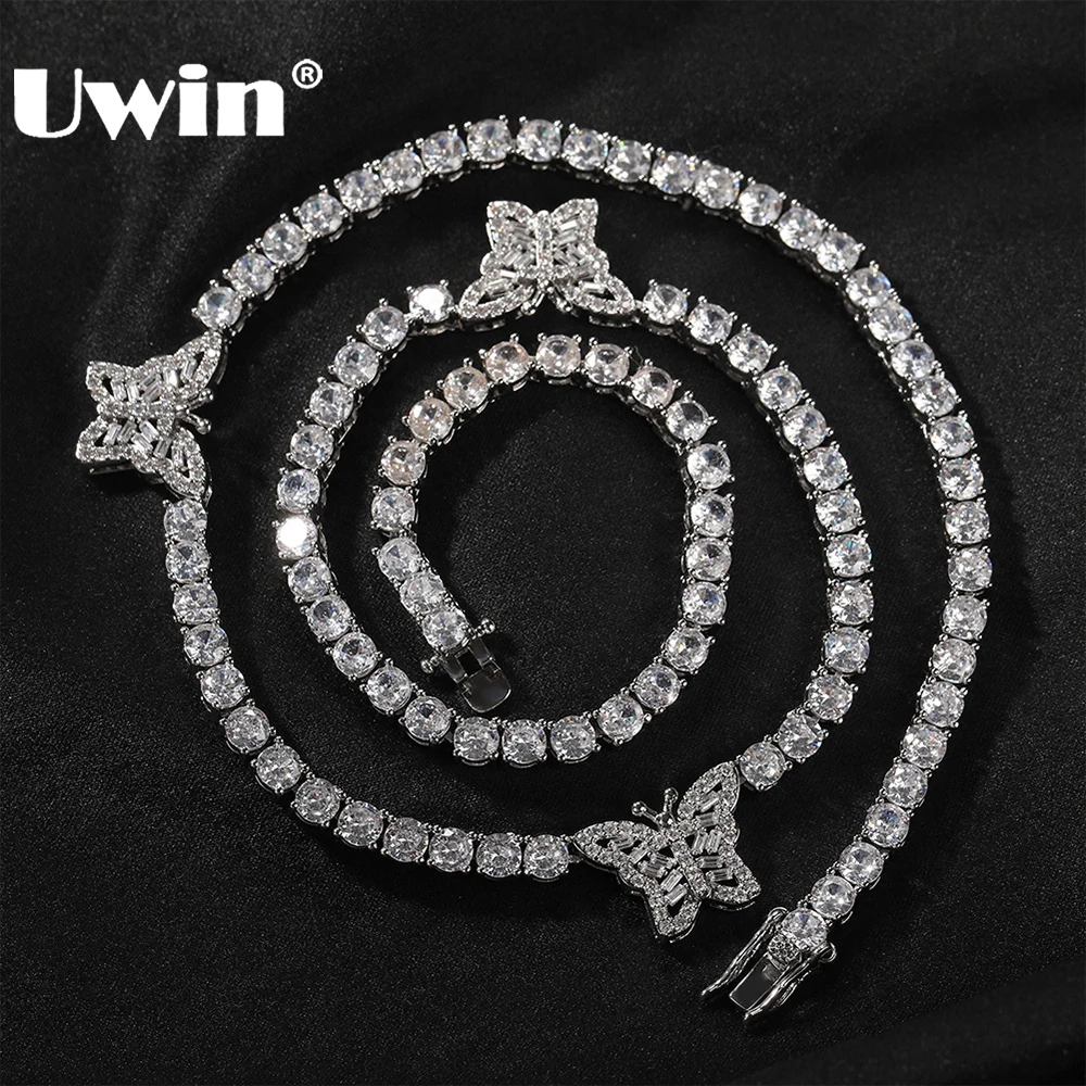 

UWIN 3 Butterflies Tennis Chain Necklaces for Women Iced Out Tiny Butterfly CZ Tennis Chain Necklace Fashion Jewelry for Gift