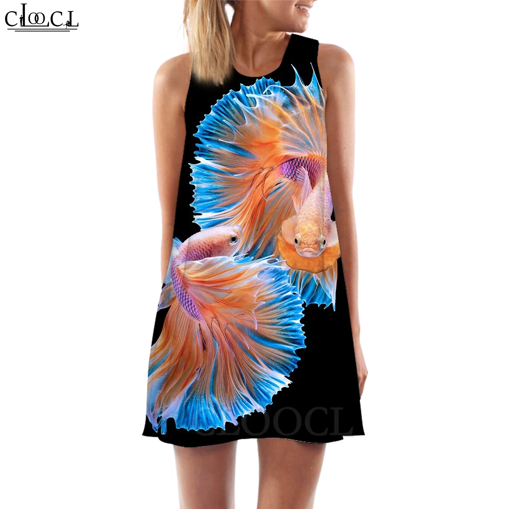 CLOOCL Sexy Women Vest Dress Mini Dress Ponytail Betta Beautiful Animal 3D Printed Sleeveless Dress Beach Style Dropshipping