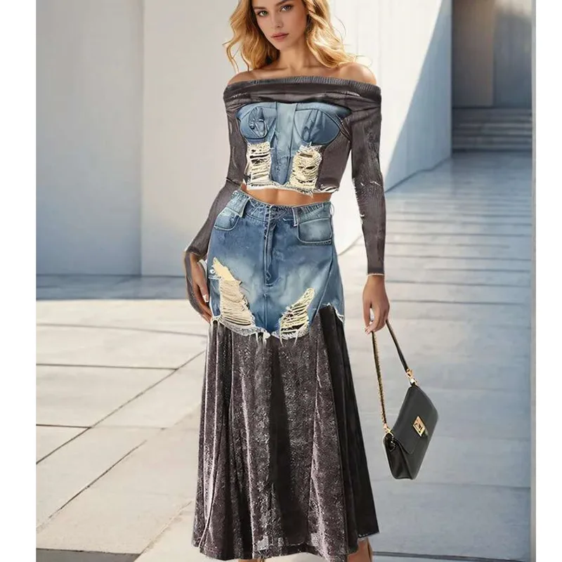 Fashion Women's 2 Pcs Set Slash Neck Golden Velvet Long Sleeve Tops High Wait Denim Patchwork Skirt Suit Autumn 2026 VZY
