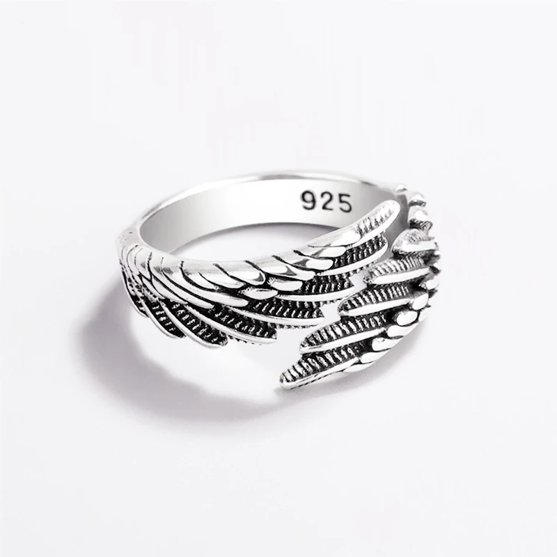 WYEAIIR 925 Sterling Silver Vintage Thai Silver Feather Wings Resizable Opening Ring For Women Luxury Jewelry