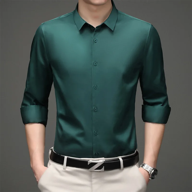 Business Casual Party Social Shirt Men's Long Sleeve Anti-wrinkle No-Iron Stretch Slim Color Fashion Trendy Men's Clothing