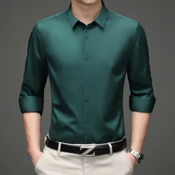 Camisa de manga larga para hombre, fiesta Social informal para camisa de negocios, antiarrugas, sin hierro, elástica, delgada, de Color, ropa de moda para hombre